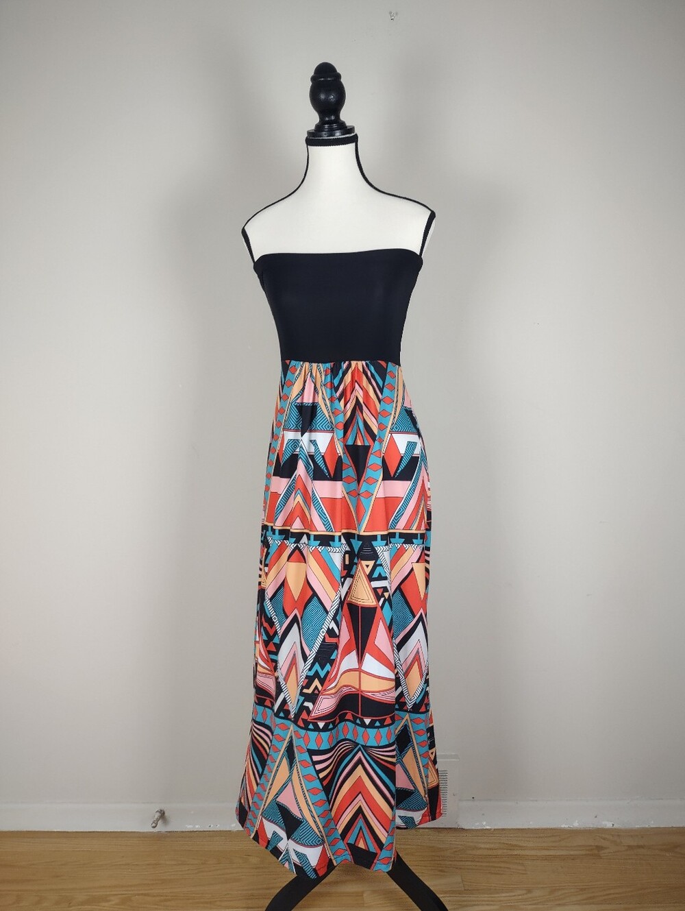 Strapless Black & Geometric Print Maxi Dress | Boho Tribal Summer Dress